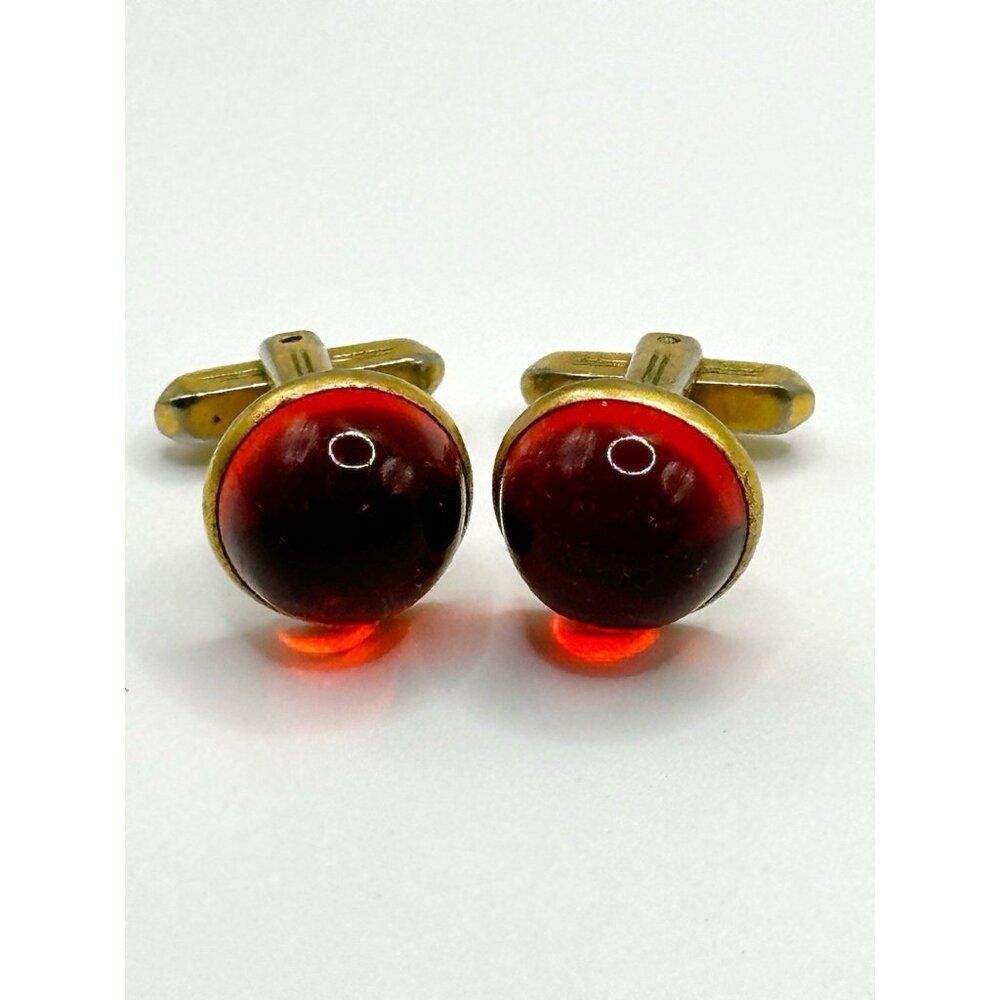 Vintage Hickok USA Cufflinks‎ Gold Tone Red Glass Cabochon Signed